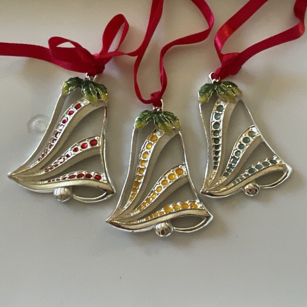 Gorham Silver Bells Red Blue Yellow Christmas Ornaments -All three